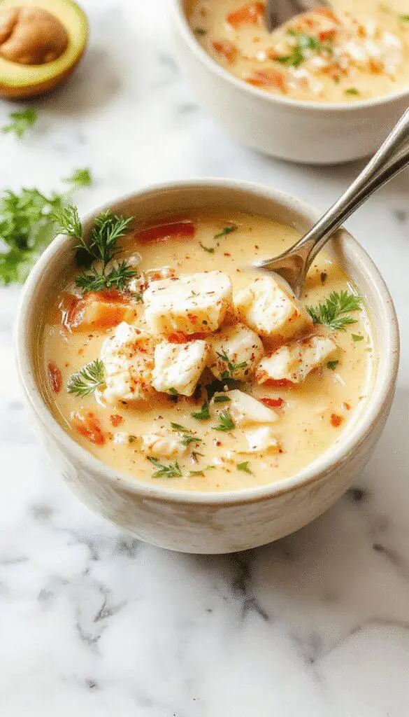 A vibrant bowl of Thai Coconut Chicken Soup featuring tender shredded chicken, creamy coconut broth, bright red chili slices, fresh cilantro, and lime wedges, garnished with green onions on a rustic wooden table with a spoon resting beside the bowl.