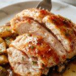 A perfectly cooked crockpot turkey breast with golden-brown, crispy skin placed on a rustic white platter. Juices glisten from the tender meat, nestled among aromatic herbs and vegetables. The background features a cozy kitchen setting with warm lighting that highlights the delightful texture and moistness of the turkey, with steam gently rising, creating an inviting ambiance.