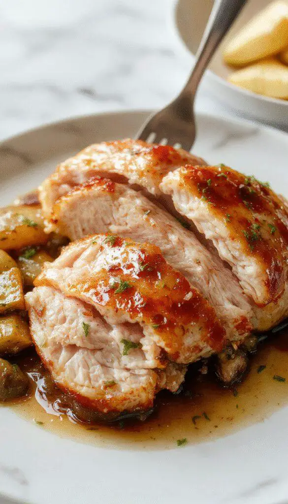 A perfectly cooked crockpot turkey breast with golden-brown, crispy skin placed on a rustic white platter. Juices glisten from the tender meat, nestled among aromatic herbs and vegetables. The background features a cozy kitchen setting with warm lighting that highlights the delightful texture and moistness of the turkey, with steam gently rising, creating an inviting ambiance.