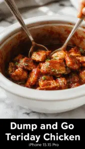 A savory bowl of Crockpot Teriyaki Chicken featuring tender, shredded chicken coated in glossy, caramelized teriyaki sauce, garnished with sliced green onions and sesame seeds, served in a rustic white bowl on a wooden table with a side of steamed rice and fresh vegetables