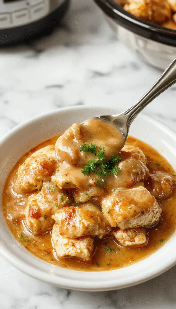 A savory crockpot chicken and gravy dish featuring tender shredded chicken smothered in rich, creamy gravy, served in a rustic white bowl with steam rising, surrounded by fresh herbs and a wooden spoon on a cozy wooden table, with a warm background highlighting a homely kitchen atmosphere.