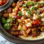 A colorful plate of cooked fajitas featuring sliced red and green bell peppers, tender strips of seasoned beef, and melted cheese on warm tortillas, arranged neatly on a rustic wooden table with fresh cilantro garnish and a side of lime wedges.
