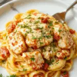 A colorful plate featuring sliced grilled chicken breast atop a bed of al dente pasta coated in creamy Parmesan sauce, garnished with chopped parsley and grated cheese, styled elegantly on a white ceramic plate with fresh basil leaves and lemon wedges in the background.