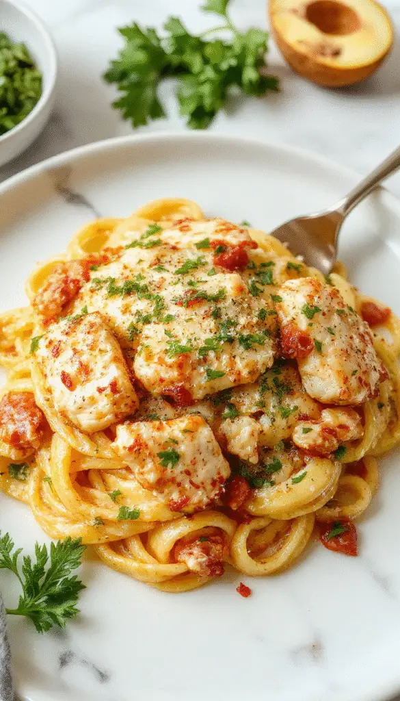 A colorful plate featuring sliced grilled chicken breast atop a bed of al dente pasta coated in creamy Parmesan sauce, garnished with chopped parsley and grated cheese, styled elegantly on a white ceramic plate with fresh basil leaves and lemon wedges in the background.