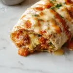 A vibrant and appetizing grilled cheese burrito cut in half to reveal gooey melted cheese and crispy golden-brown exterior. The burrito is plated on a rustic wooden surface with a side of fresh salsa and a sprig of cilantro, showcasing its crispy texture and cheesy filling. The image emphasizes the golden crust and melty interior, with a cozy, inviting presentation.
