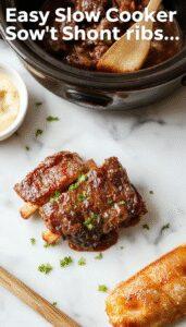 A plate of succulent beef short ribs glazed with a rich, glossy sauce, garnished with fresh herbs. The ribs are tender, falling apart, with visible boneless meat and a caramelized exterior. They are served alongside steaming noodles and colorful roasted vegetables, presented on a rustic wooden table with a cozy, inviting atmosphere.