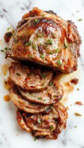 A tender, juicy chuck roast glazed with caramelized onions resting on a rustic wooden surface, garnished with sprigs of thyme and surrounded by sliced onions and carrots, with the rich juices glistening under soft natural lighting.