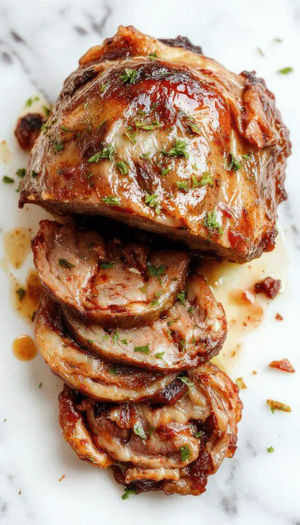 A tender, juicy chuck roast glazed with caramelized onions resting on a rustic wooden surface, garnished with sprigs of thyme and surrounded by sliced onions and carrots, with the rich juices glistening under soft natural lighting.