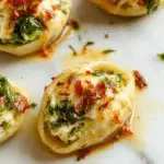 A close-up of baked spinach and ricotta stuffed shells topped with melted golden cheese, arranged neatly on a white ceramic plate garnished with fresh basil leaves, with a fork resting beside the dish showcasing the creamy filling and vibrant green spinach.