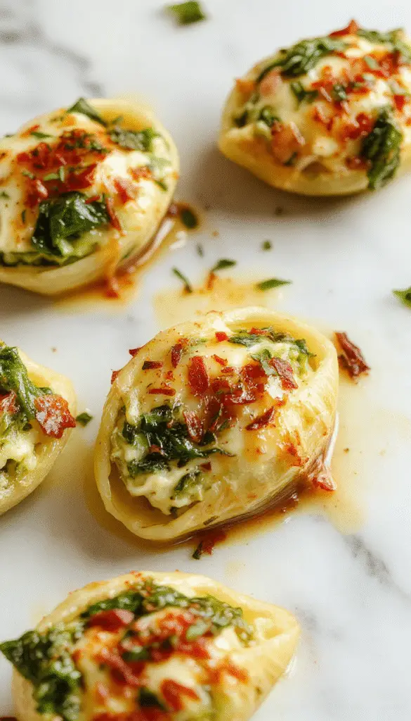 A close-up of baked spinach and ricotta stuffed shells topped with melted golden cheese, arranged neatly on a white ceramic plate garnished with fresh basil leaves, with a fork resting beside the dish showcasing the creamy filling and vibrant green spinach.