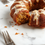 A golden-brown pumpkin bundt cake with an elegant fluted design, glazed with a light caramel sheen, garnished with a few walnut pieces. The cake sits on a rustic wooden table with autumn leaves scattered around, and a slice is partially cut out, revealing the moist, rich crumb inside.