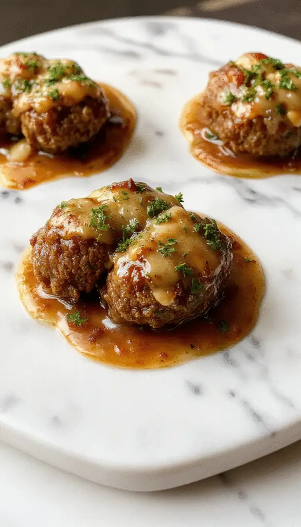 A close-up shot of golden-brown French onion meatballs arranged on a rustic white plate, topped with melted cheese and garnished with caramelized onion slices. The savory onion sauce glistens in the background, creating a rich and inviting scene.