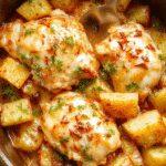 A hearty serving of garlic parmesan chicken nestled alongside golden roasted potatoes in a rustic crockpot. The chicken is coated with herbs and melted cheese, while the potatoes are crispy on the edges, garnished with fresh parsley. The dish is presented in a cozy kitchen setting with steam gently rising, showcasing a comforting and inviting meal.