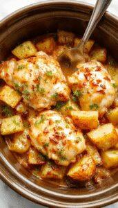 A hearty serving of garlic parmesan chicken nestled alongside golden roasted potatoes in a rustic crockpot. The chicken is coated with herbs and melted cheese, while the potatoes are crispy on the edges, garnished with fresh parsley. The dish is presented in a cozy kitchen setting with steam gently rising, showcasing a comforting and inviting meal.