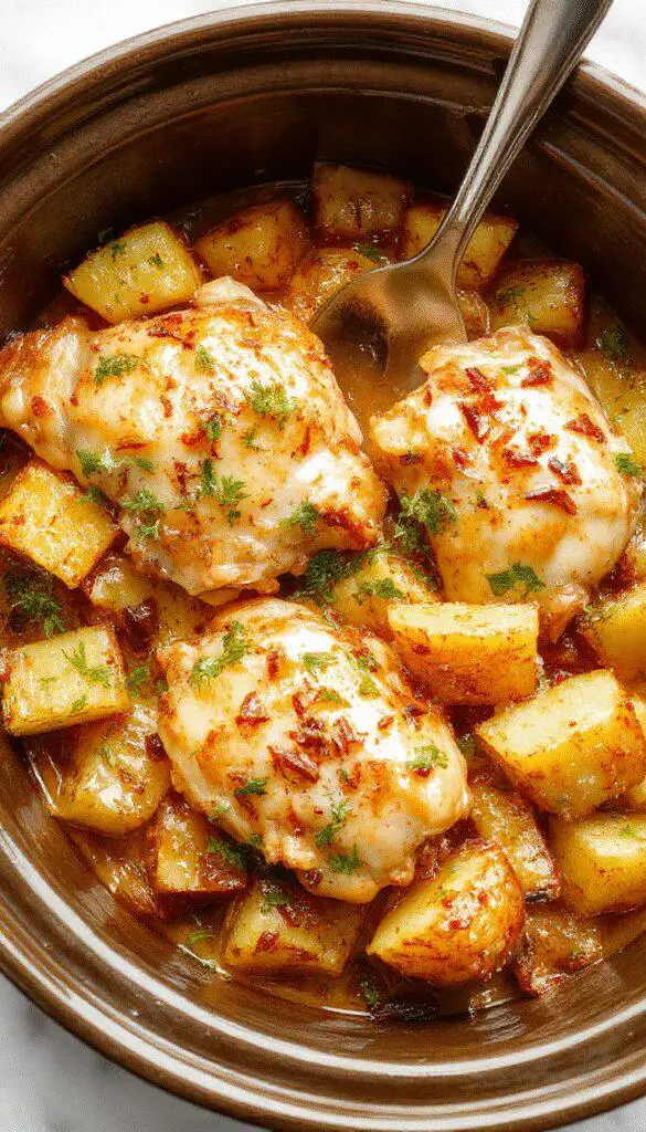 A hearty serving of garlic parmesan chicken nestled alongside golden roasted potatoes in a rustic crockpot. The chicken is coated with herbs and melted cheese, while the potatoes are crispy on the edges, garnished with fresh parsley. The dish is presented in a cozy kitchen setting with steam gently rising, showcasing a comforting and inviting meal.