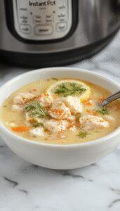 A steaming bowl of Greek Lemon Chicken Soup featuring tender shredded chicken, vibrant lemon slices, fresh herbs, and a broth with a bright yellow hue. The soup is garnished with fresh parsley and lemon wedges, served in a rustic white bowl on a wooden table, with a spoon resting beside it. In the background, there are additional ingredients like lemons, herbs, and chopped vegetables, creating a warm and inviting atmosphere.
