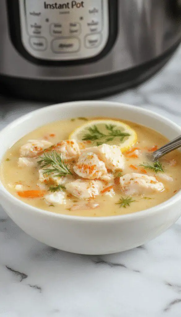 A steaming bowl of Greek Lemon Chicken Soup featuring tender shredded chicken, vibrant lemon slices, fresh herbs, and a broth with a bright yellow hue. The soup is garnished with fresh parsley and lemon wedges, served in a rustic white bowl on a wooden table, with a spoon resting beside it. In the background, there are additional ingredients like lemons, herbs, and chopped vegetables, creating a warm and inviting atmosphere.
