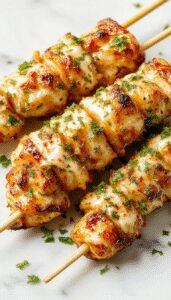 A close-up of savory chicken skewers grilled to perfection, featuring charred grill marks, glazed with a garlic parmesan marinade. The skewers are arranged on a rustic wooden platter garnished with fresh herbs and lemon slices, with a blurred background of a sunny outdoor barbecue setting.