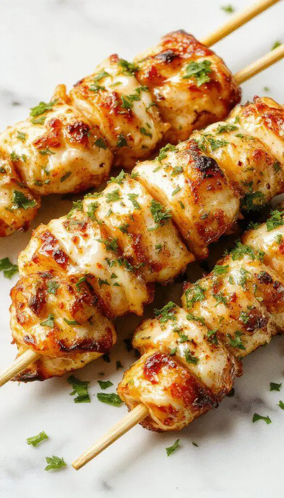 A close-up of savory chicken skewers grilled to perfection, featuring charred grill marks, glazed with a garlic parmesan marinade. The skewers are arranged on a rustic wooden platter garnished with fresh herbs and lemon slices, with a blurred background of a sunny outdoor barbecue setting.