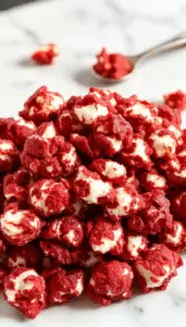 A close-up of vibrant red velvet popcorn drenched in a glossy red syrup, piled high in a spooky black bowl. The popcorn appears glossy, with some pieces coated more heavily, creating a hauntingly vivid red color. The background is dark and moody, with hints of eerie lighting emphasizing the sinister, blood-like appearance of the snack, perfect for a Halloween party.