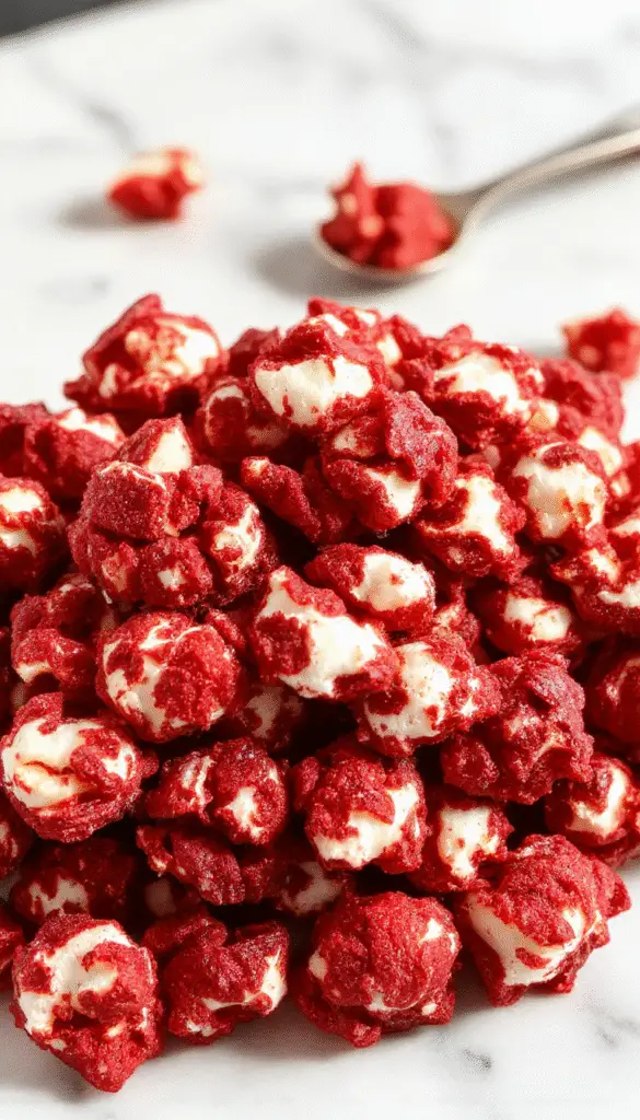 A close-up of vibrant red velvet popcorn drenched in a glossy red syrup, piled high in a spooky black bowl. The popcorn appears glossy, with some pieces coated more heavily, creating a hauntingly vivid red color. The background is dark and moody, with hints of eerie lighting emphasizing the sinister, blood-like appearance of the snack, perfect for a Halloween party.