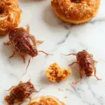 A plate of crispy fried cockroach donuts with a glossy icing coating, decorated with colorful sprinkles and edible eyes, arranged on a spooky Halloween-themed platter with dark background and eerie lighting