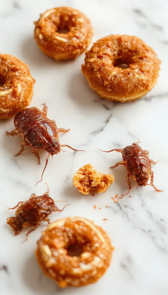 A plate of crispy fried cockroach donuts with a glossy icing coating, decorated with colorful sprinkles and edible eyes, arranged on a spooky Halloween-themed platter with dark background and eerie lighting