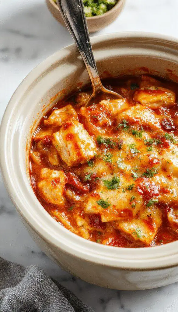 A vibrant casserole featuring layers of shredded chicken, enchilada sauce, melted cheese, and sliced jalapenos topped with fresh cilantro, served in a rustic ceramic dish with a side of warm flour tortillas. The dish glistens with melted cheese and has a rich, inviting appearance, garnished with chopped green onions for color contrast.