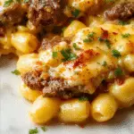 A creamy serving of Philly Cheesesteak Mac & Cheese in a rustic bowl garnished with chopped green herbs. The dish features tender slices of beef, melted cheese, and al dente pasta with a golden-brown crust on top. The background shows a wooden table with fresh ingredients and a drizzle of cheese sauce, emphasizing its hearty, high-protein appeal.