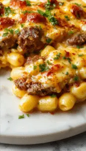 A creamy serving of Philly Cheesesteak Mac & Cheese in a rustic bowl garnished with chopped green herbs. The dish features tender slices of beef, melted cheese, and al dente pasta with a golden-brown crust on top. The background shows a wooden table with fresh ingredients and a drizzle of cheese sauce, emphasizing its hearty, high-protein appeal.