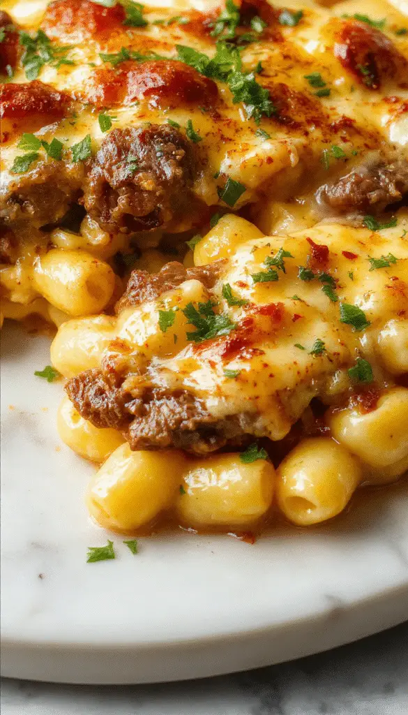 A creamy serving of Philly Cheesesteak Mac & Cheese in a rustic bowl garnished with chopped green herbs. The dish features tender slices of beef, melted cheese, and al dente pasta with a golden-brown crust on top. The background shows a wooden table with fresh ingredients and a drizzle of cheese sauce, emphasizing its hearty, high-protein appeal.
