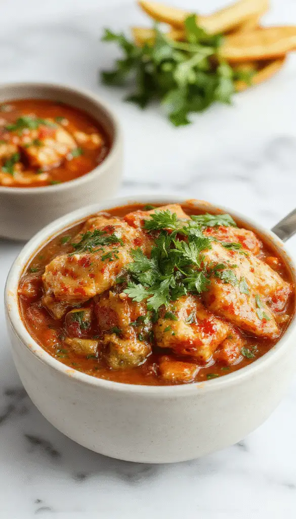 A vibrant bowl of stuffed pepper soup showcasing bright red and yellow bell peppers filled with seasoned ground meat and rice, garnished with fresh herbs, with a side of crusty bread and a spoon resting on the bowl's edge. The soup is steaming, with colorful ingredients visible through a clear broth that highlights their textures and freshness.