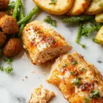 A perfectly cooked, golden-brown baked chicken breast served on a rustic wooden plate, garnished with fresh herbs. The chicken has a crispy exterior with juiciness visible through subtle steam, surrounded by colorful side vegetables on a clean white background.