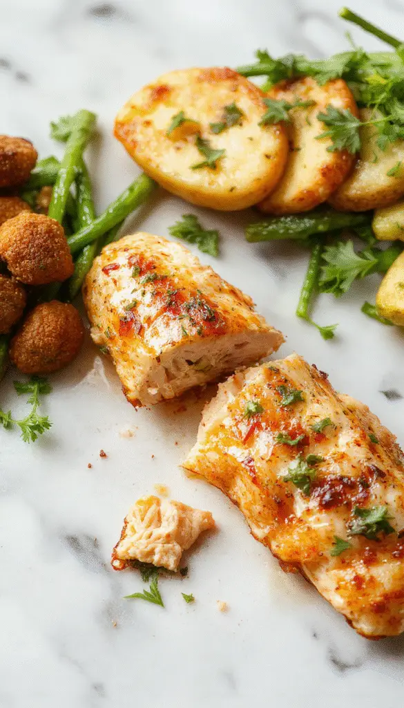 A perfectly cooked, golden-brown baked chicken breast served on a rustic wooden plate, garnished with fresh herbs. The chicken has a crispy exterior with juiciness visible through subtle steam, surrounded by colorful side vegetables on a clean white background.