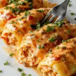 A close-up of a white ceramic baking dish filled with golden-brown buffalo chicken stuffed shell pasta topped with melted cheese and drizzled with creamy buffalo sauce, garnished with chopped green herbs. The dish is presented on a rustic wooden table with a side of fresh greens and a small bowl of extra buffalo sauce, highlighting the creamy, cheesy, and flavorful appeal of the meal.