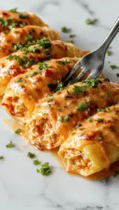 A close-up of a white ceramic baking dish filled with golden-brown buffalo chicken stuffed shell pasta topped with melted cheese and drizzled with creamy buffalo sauce, garnished with chopped green herbs. The dish is presented on a rustic wooden table with a side of fresh greens and a small bowl of extra buffalo sauce, highlighting the creamy, cheesy, and flavorful appeal of the meal.