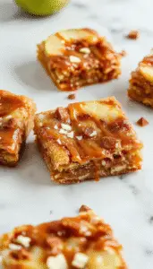 A close-up of salted caramel apple bars showcasing a golden-brown crust topped with glossy caramel, sliced fresh apples, and a sprinkle of sea salt. The bars are neatly cut and arranged on a rustic wooden surface, with caramel drizzles and apple slices visible, highlighting their layered texture and inviting appearance.