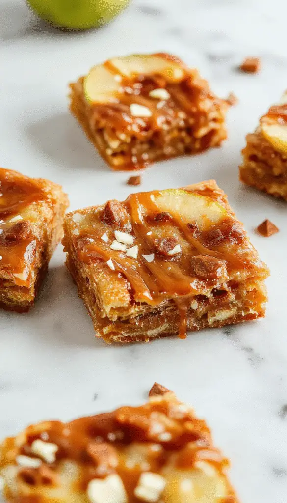 A close-up of salted caramel apple bars showcasing a golden-brown crust topped with glossy caramel, sliced fresh apples, and a sprinkle of sea salt. The bars are neatly cut and arranged on a rustic wooden surface, with caramel drizzles and apple slices visible, highlighting their layered texture and inviting appearance.