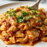 A steaming casserole dish filled with creamy, cheesy chicken spaghetti topped with a golden-brown crust. The spaghetti is coated in a rich sauce, with chunks of tender chicken and specks of herbs visible. The dish is served on a rustic wooden table, with a side salad and bread in the background, evoking a cozy home-cooked meal setting.