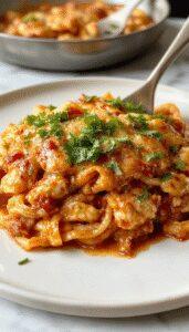 A steaming casserole dish filled with creamy, cheesy chicken spaghetti topped with a golden-brown crust. The spaghetti is coated in a rich sauce, with chunks of tender chicken and specks of herbs visible. The dish is served on a rustic wooden table, with a side salad and bread in the background, evoking a cozy home-cooked meal setting.