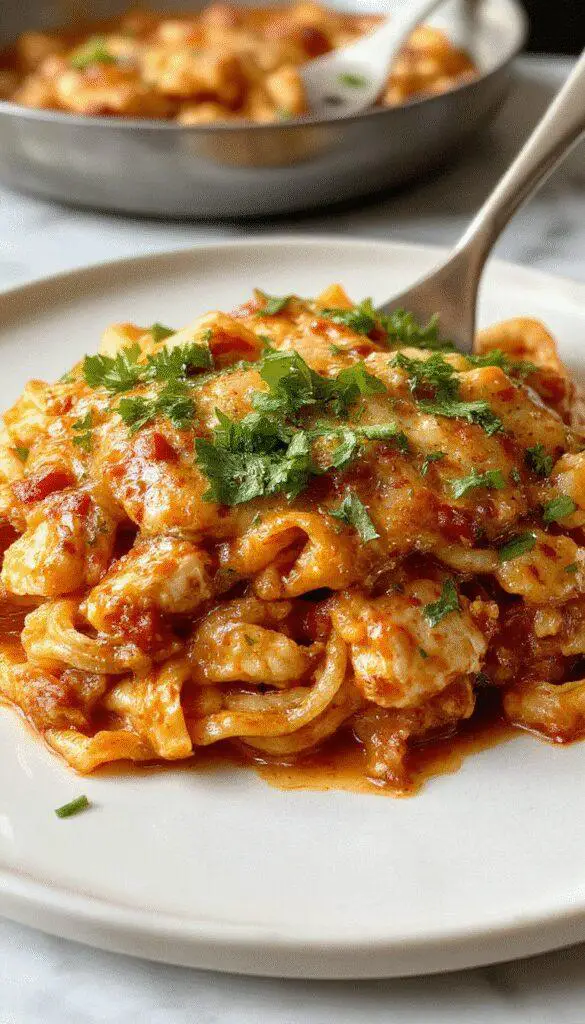 A steaming casserole dish filled with creamy, cheesy chicken spaghetti topped with a golden-brown crust. The spaghetti is coated in a rich sauce, with chunks of tender chicken and specks of herbs visible. The dish is served on a rustic wooden table, with a side salad and bread in the background, evoking a cozy home-cooked meal setting.