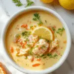 A steaming bowl of Lemon Chicken Orzo Soup garnished with fresh parsley, with tender chicken pieces, plump orzo pasta, and bright lemon slices, served in a rustic ceramic bowl on a white table.