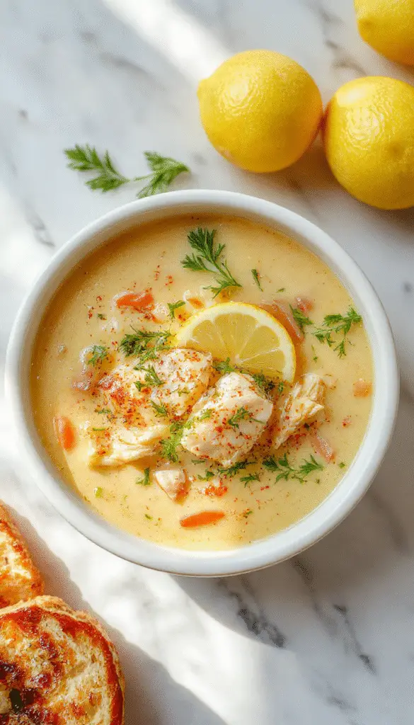 A steaming bowl of Lemon Chicken Orzo Soup garnished with fresh parsley, with tender chicken pieces, plump orzo pasta, and bright lemon slices, served in a rustic ceramic bowl on a white table.