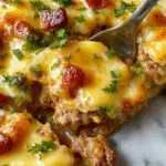A golden-brown casserole topped with crispy bacon strips and melted cheese, garnished with chopped green onions. The dish is presented in a white ceramic baking dish, revealing layers of seasoned ground beef, creamy cheese, and crispy bacon. The casserole is sliced open to showcase its rich, cheesy, and hearty interior with visible ground beef chunks and melted cheese pulling apart gently.