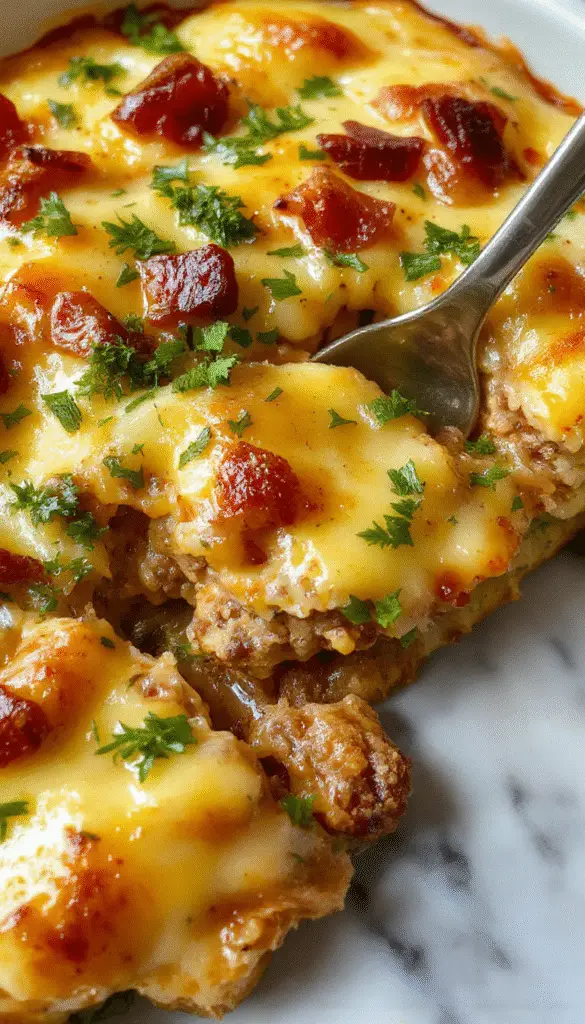 A golden-brown casserole topped with crispy bacon strips and melted cheese, garnished with chopped green onions. The dish is presented in a white ceramic baking dish, revealing layers of seasoned ground beef, creamy cheese, and crispy bacon. The casserole is sliced open to showcase its rich, cheesy, and hearty interior with visible ground beef chunks and melted cheese pulling apart gently.