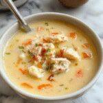 A clear bowl of golden-brown shredded chicken soup with a rich broth, topped with fresh herbs and a wedge of lemon, presented on a rustic wooden table with a slow cooker in the background.