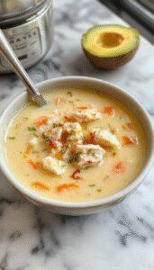 A clear bowl of golden-brown shredded chicken soup with a rich broth, topped with fresh herbs and a wedge of lemon, presented on a rustic wooden table with a slow cooker in the background.