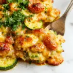 A close-up of a baked zucchini and sausage casserole showing golden-brown edges, sliced zucchini rounds intertwined with browned sausage pieces, topped with melted cheese, served in a rustic ceramic dish upon a wooden table.