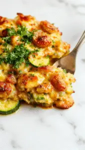 A close-up of a baked zucchini and sausage casserole showing golden-brown edges, sliced zucchini rounds intertwined with browned sausage pieces, topped with melted cheese, served in a rustic ceramic dish upon a wooden table.