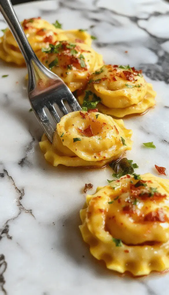 A vibrant plate of Marry Me Tortellini featuring golden-brown, stuffed tortellini arranged in a circular pattern on a white ceramic plate. The tortellini are coated in a glossy sauce, garnished with fresh chopped herbs, and accompanied by a side of cherry tomatoes and parsley for color contrast. The background showcases a rustic wooden table with a hint of grated cheese and a drizzle of olive oil, evoking an inviting, homey Italian meal setting.